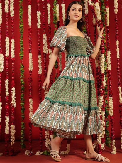 Dhiyona AY Women's Printed Cotton Puff Sleeves Smocked Tier Midi Ethnic Dress With Lace