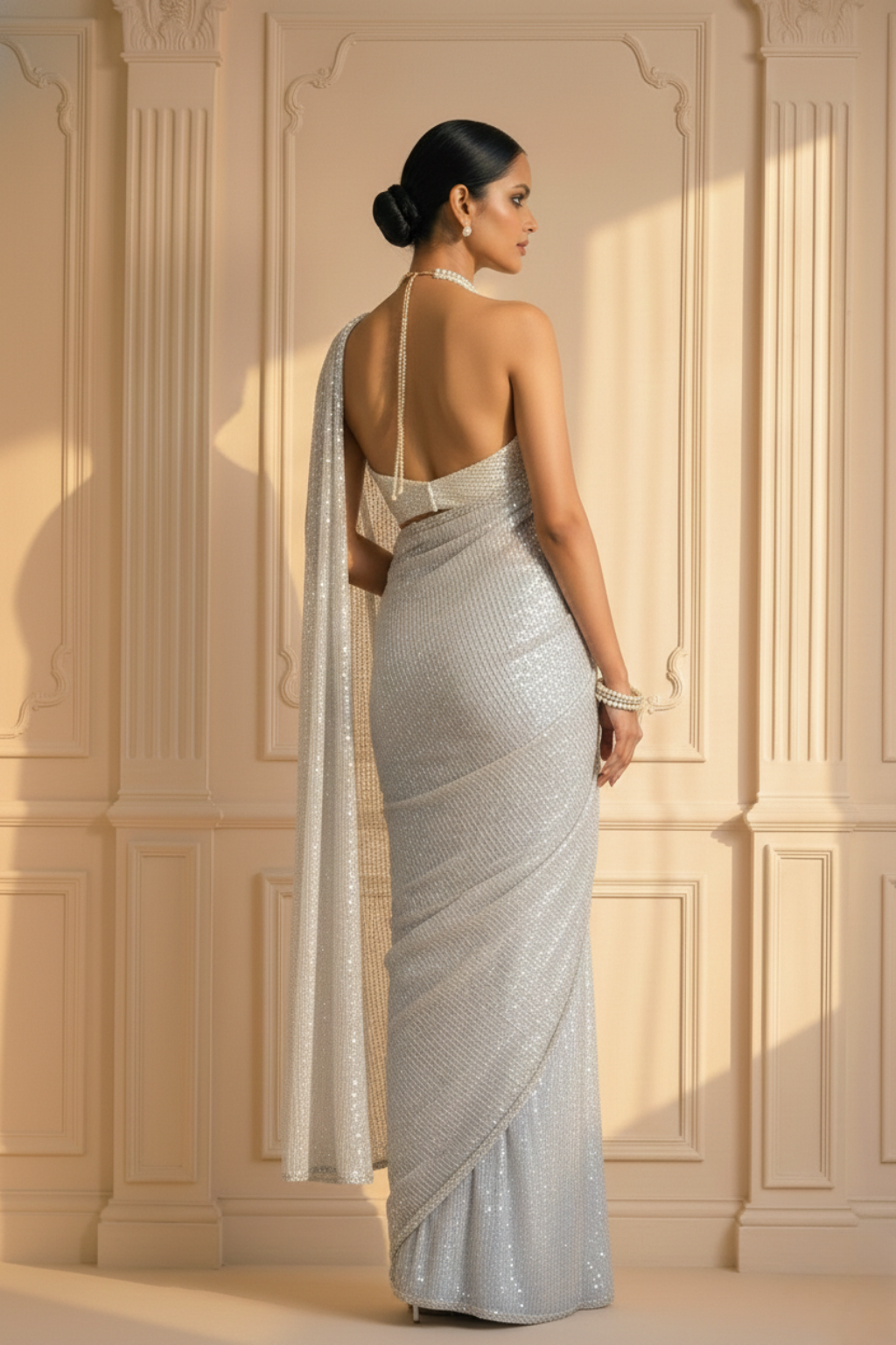 Dhiyona ST White and Silver Knitted Sequin Saree with Blouse Fabric