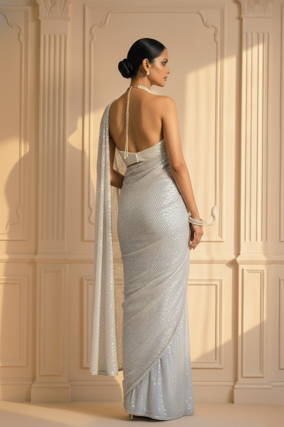 Dhiyona ST White and Silver Knitted Sequin Saree with Blouse Fabric