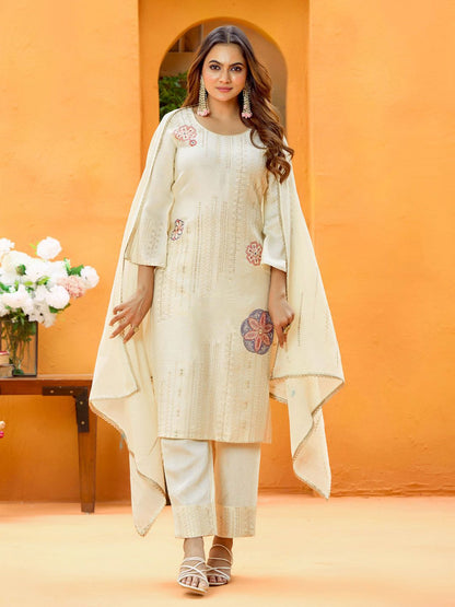 Dhiyona CH Floral Embroidered Sequinned Pure Cotton Straight Kurta With Trousers & Dupatta