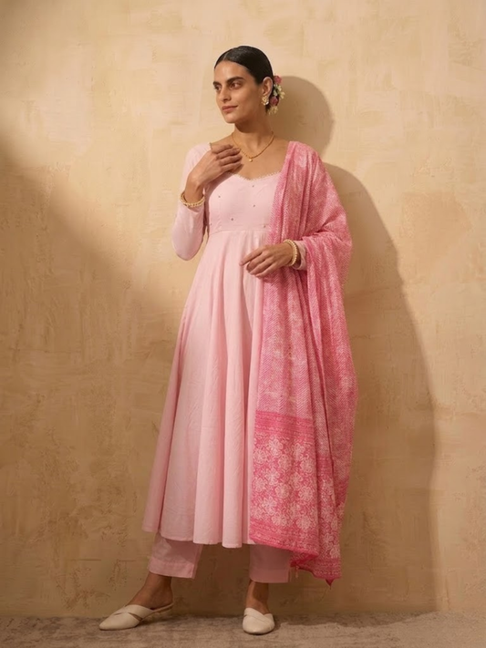 Dhiyona ST 3 Pc Set - Pink Cotton Anarkali with Pearls and Pink Printed Dupatta