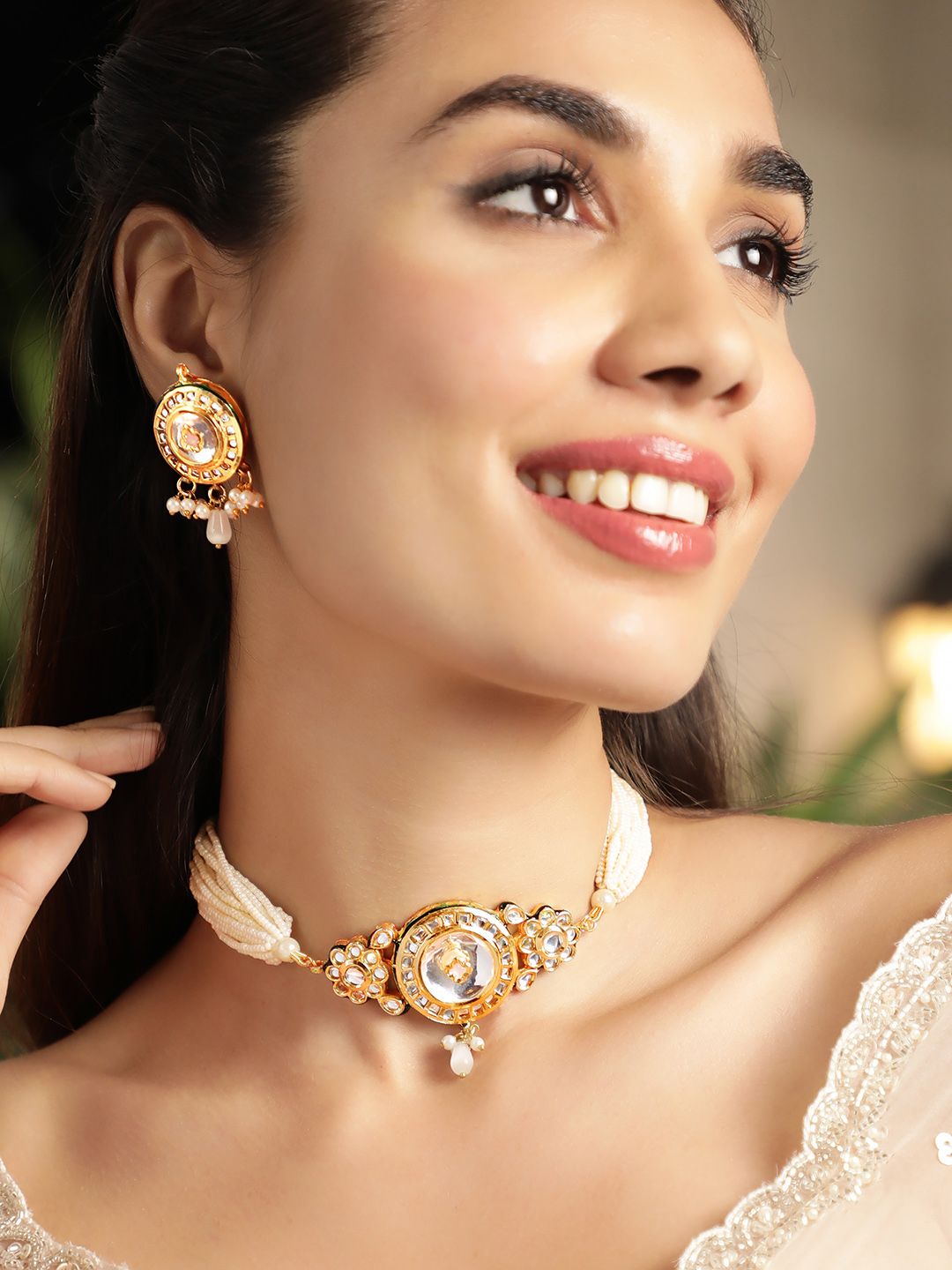 Dhiyona RJ Women's 22K Gold Plated Handcrafted Kundan & Pearl Choker NecklaceSet with Thread Detailing