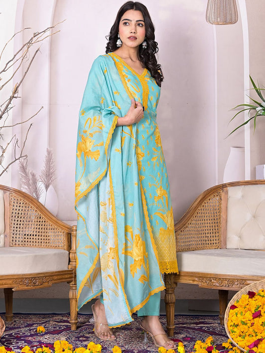 Dhiyona IS Women's Floral Printed Embellished Straight Kurta with Solid Pant and Dupatta