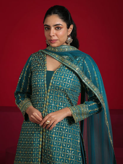 Dhiyona LL Ethnic Motifs Embroidered Mirror Work Straight Kurti with Palazzos & Dupatta