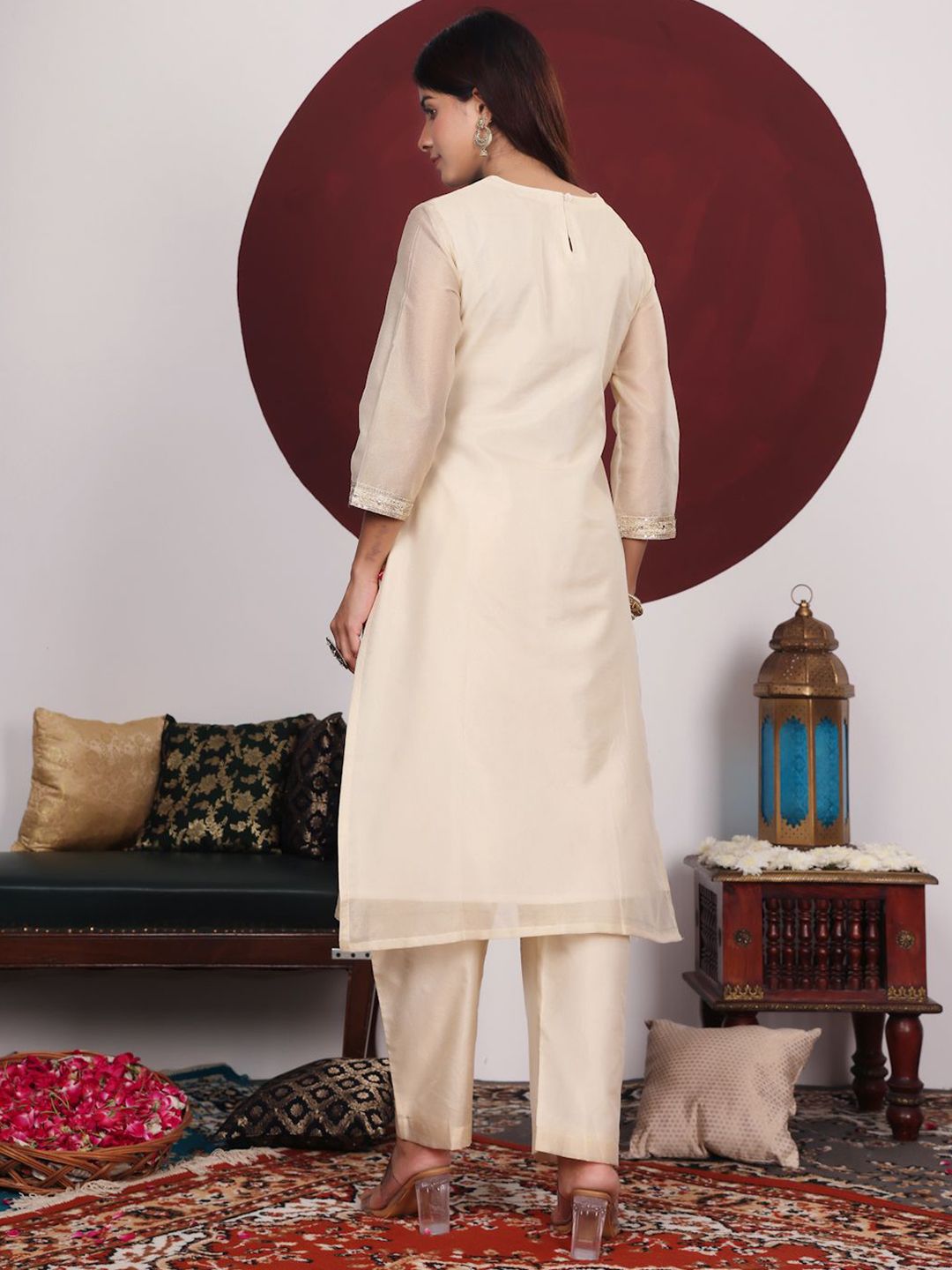 Dhiyona VA Cream-Coloured Floral Embroidered Sequined Kurta With Palazzos & Dupatta
