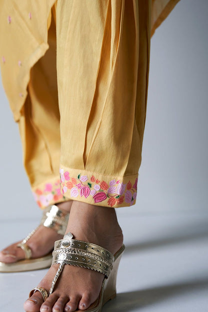 Women's Yellow Bemberg Silk Printed Salwar Suit With Delicate Hand Embroidery on Top and Bottom