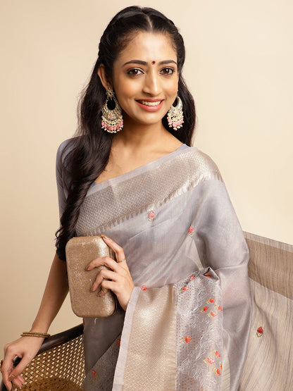 Dhiyona GR Women's Savi Grey Cotton Khadi Silk Saree