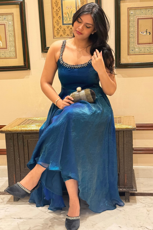 Dhiyona ST 3 Pc Set -  Peacock Satin Sleeveless Anarkali Suit with Black Glass Beads Neckline with Pants and Dupatta