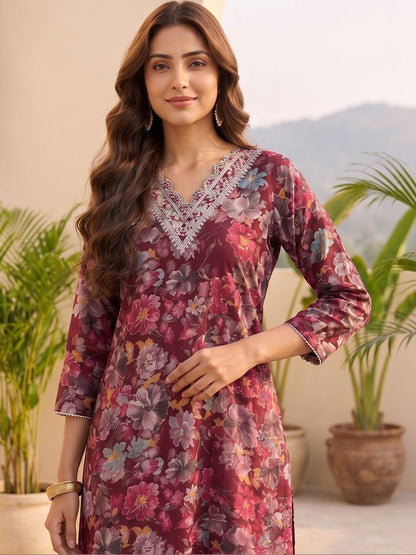 Red Women Floral Printed Regular Thread Work Kurta with Trousers & With Dupatta