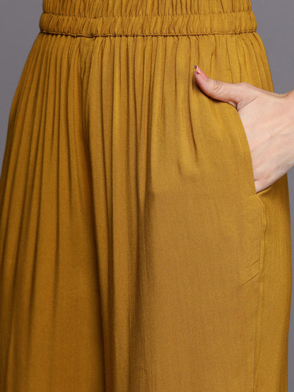 Women Mustard Yellow Floral Pashmina Wool Kurta with Trousers & With Dupatta