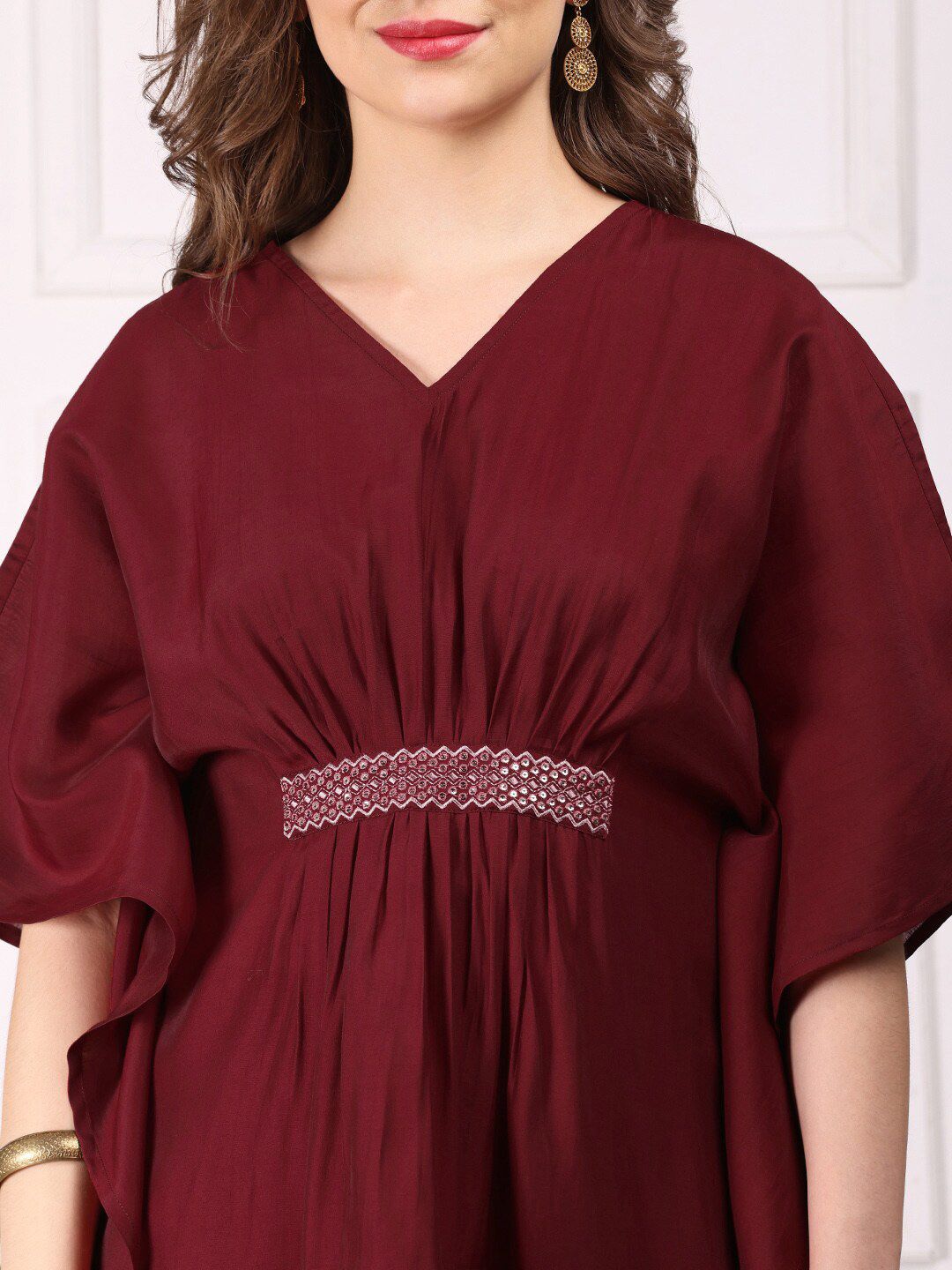 Dhiyona IS Women's Maroon Kimono Sleeve Asymmetric Kaftan Kurti with Trousers