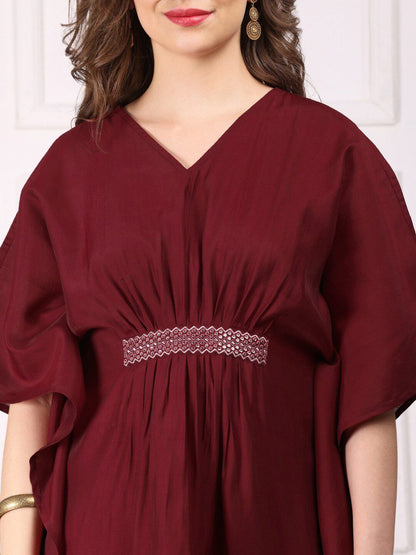 Dhiyona IS Women's Maroon Kimono Sleeve Asymmetric Kaftan Kurti with Trousers