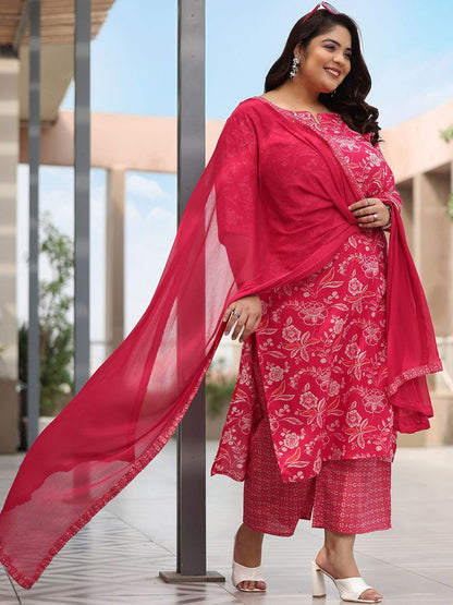 Dhiyona Women's Plus Size Floral Printed Pure Cotton Kurta with Palazzos & Dupatta