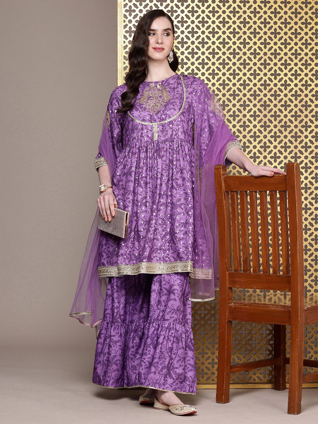 Dhiyona HOP Floral Printed Regular Sequinned Jashn Kurta with Sharara & Dupatta