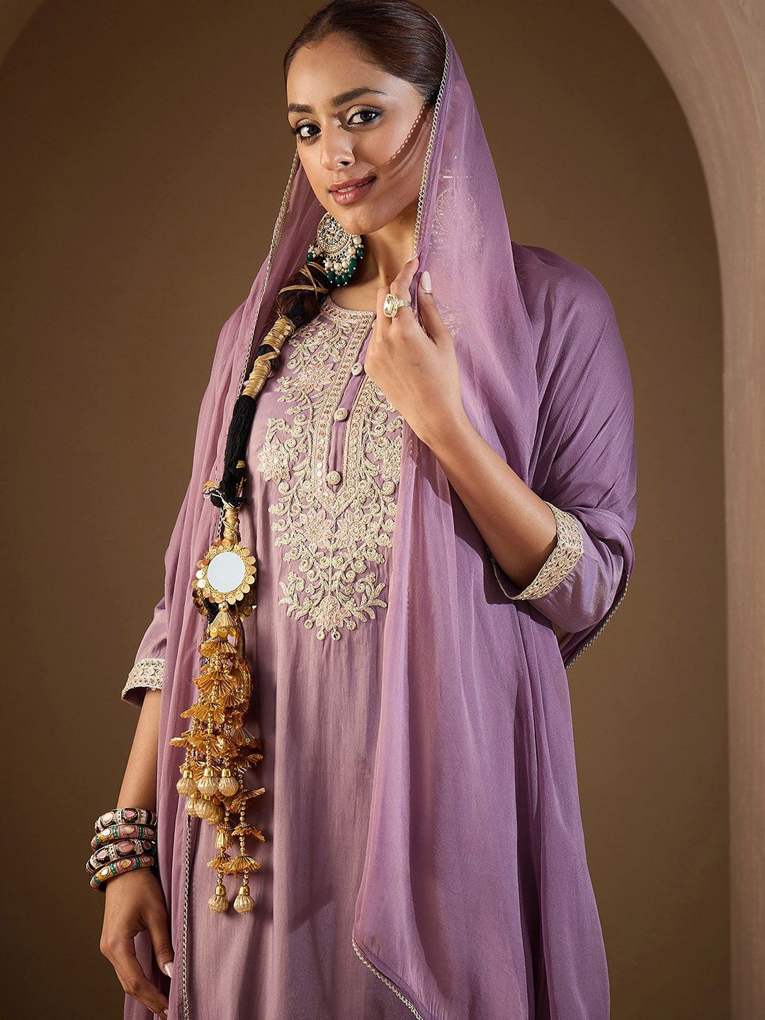 Dhiyona IE Women Ethnic Motifs Embroidered Regular Kurta with Trousers & With Dupatta