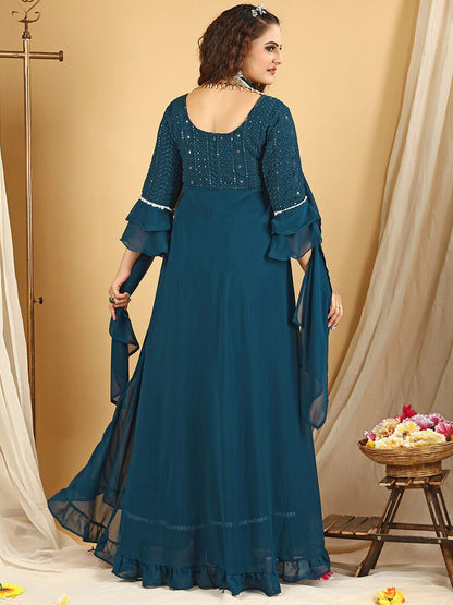 Dhiyona KL Floral Embroidered Regular Sequinned Anarkali Kurta With Palazzos & Dupatta