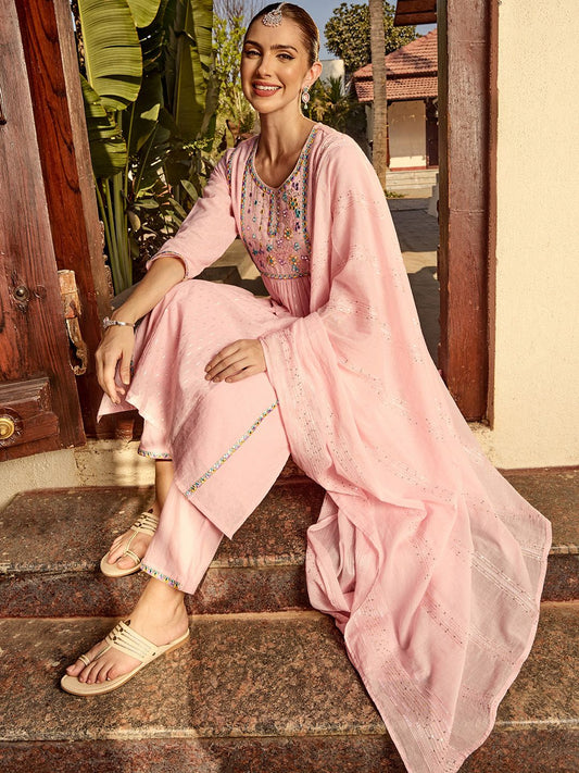 Dhiyona IS Women's Ethnic Motifs Yoke Design Mirror Work Pure Cotton Kurta with Trousers & Dupatta