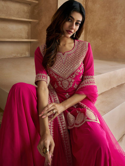 Dhiyona IN Ethnic Motifs Embroidered Sequinned Scalloped Kurti with Sharara & Dupatta