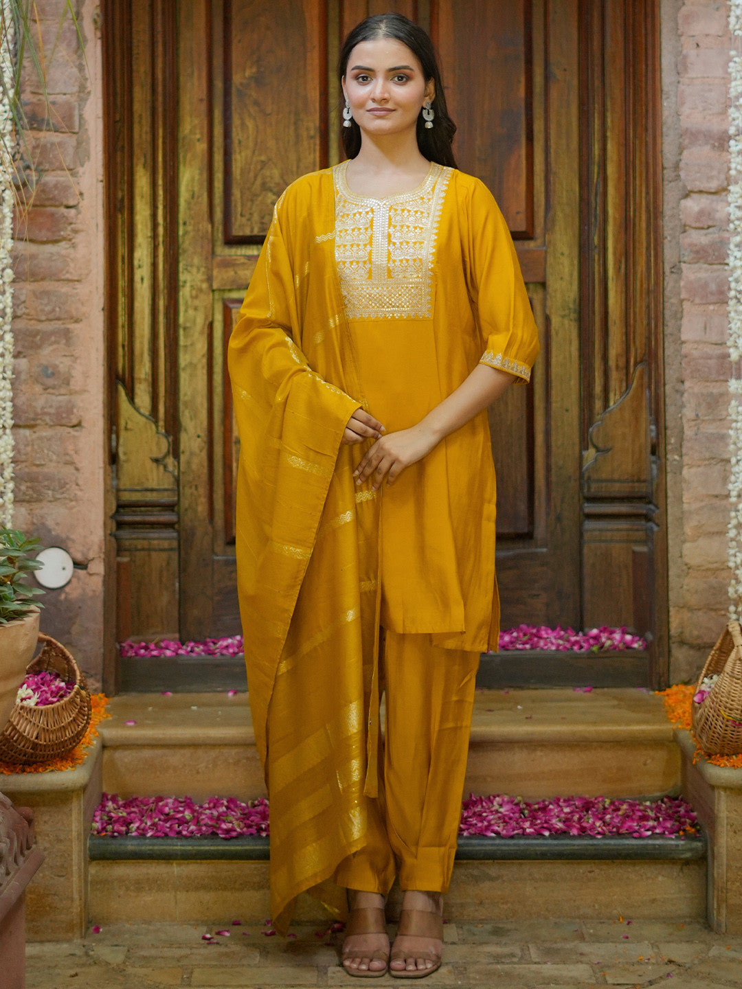 Floral Yoke Design Sequinned Straight Kurta With Salwar & Dupatta