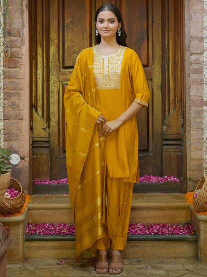 Floral Yoke Design Sequinned Straight Kurta With Salwar & Dupatta