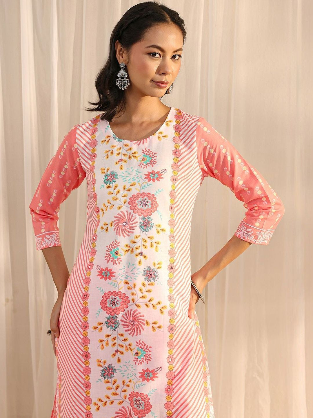Libas Peach Floral Printed Straight Suit Set with Dupatta