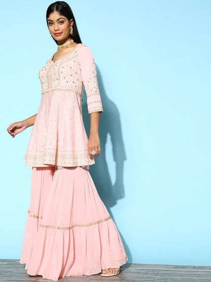 Dhiyona LL Womens Peach Embroidered A-Line Kurti With Sharara & Dupatta