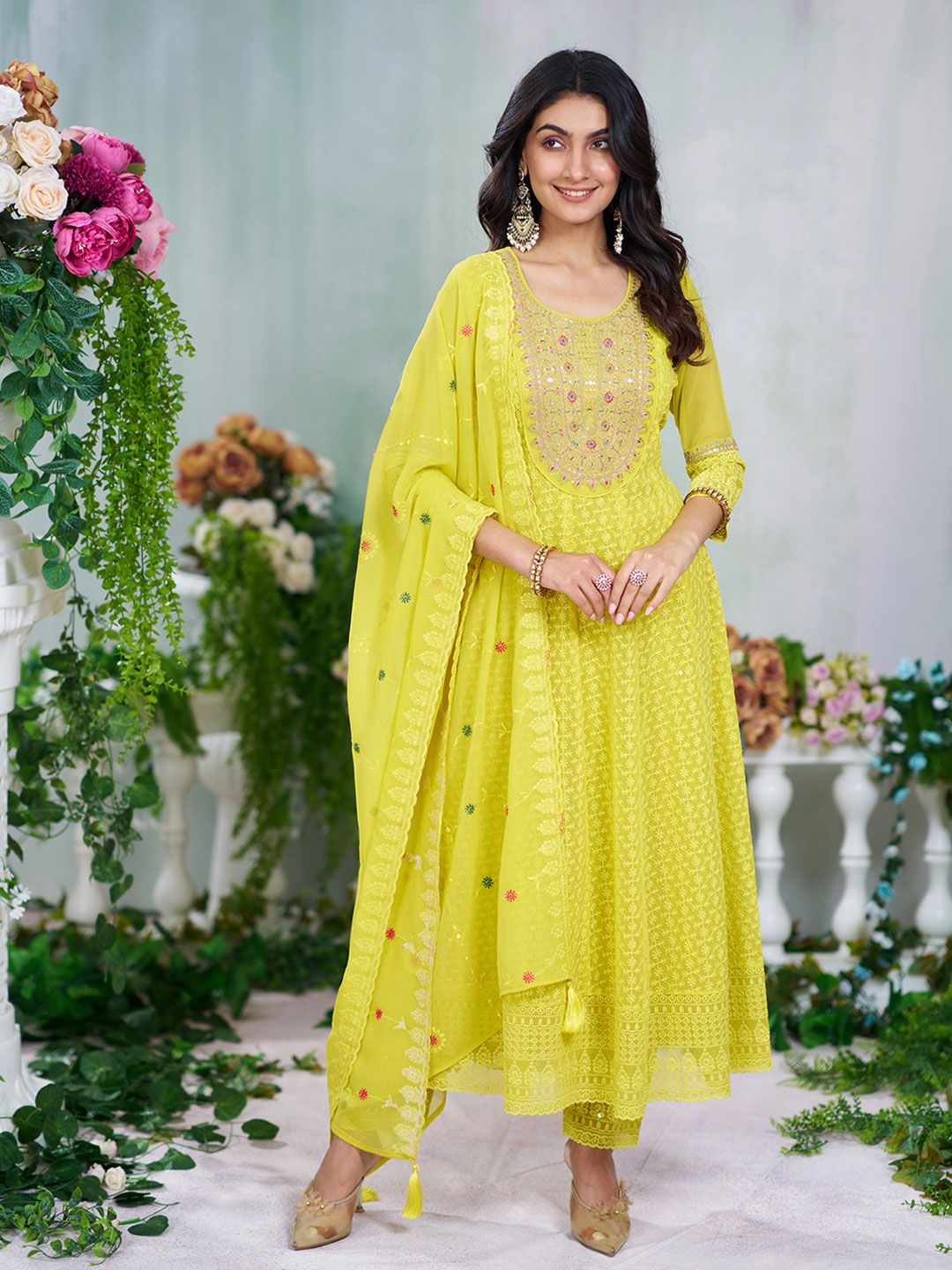Dhiyona CH Women Embroidered Schiffli Anarkali Kurta Set
