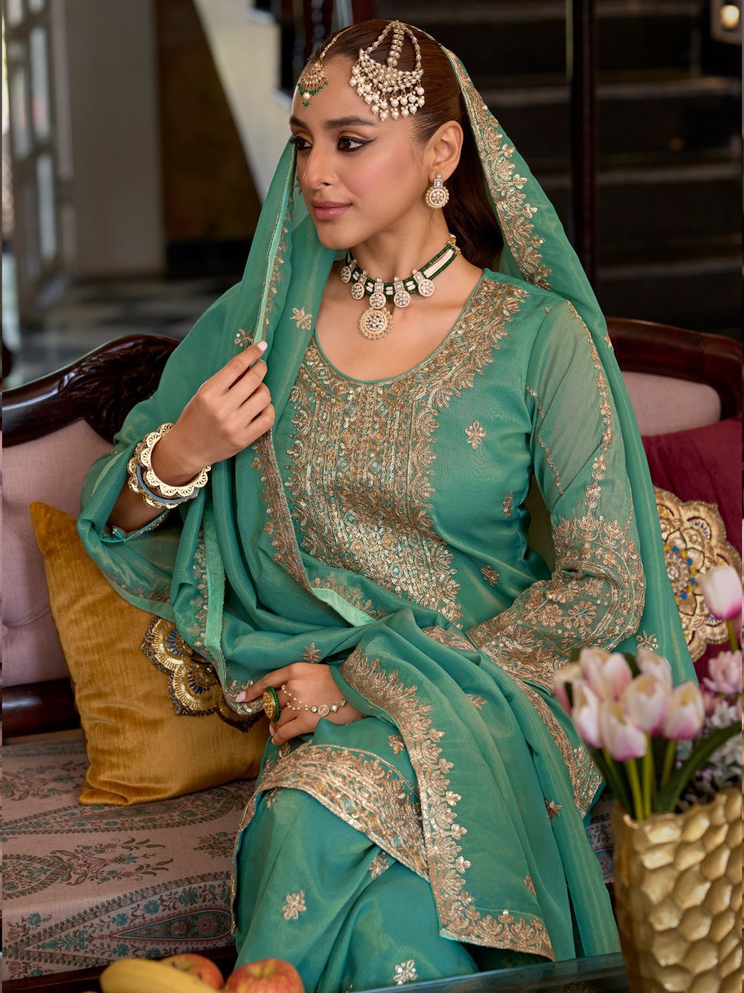 Dhiyona IE Ethnic Motifs Embroidered Sequinned Straight Kurta Palazzos With Dupatta