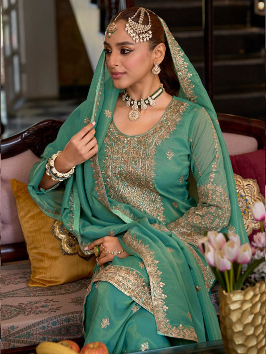 Dhiyona IE Ethnic Motifs Embroidered Sequinned Straight Kurta Palazzos With Dupatta