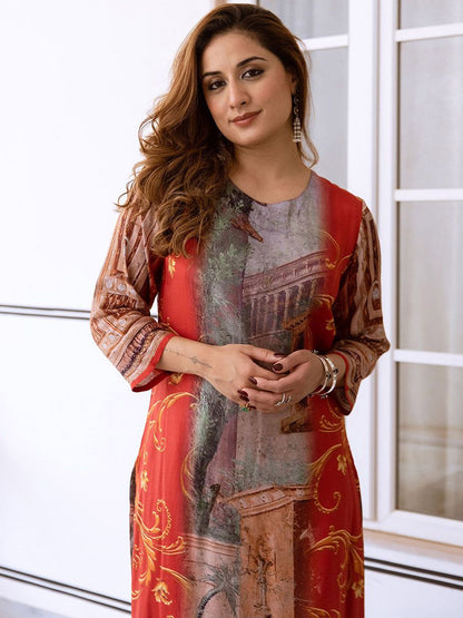 Dhiyona IS Women's Abstract Printed Round Neck Straight Kurta with Palazzos