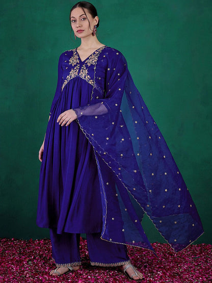 Dhiyona SN Women's Blue Floral Embroidered Sequinned V-Neck A-Line Kurta With Palazzo & Dupatta