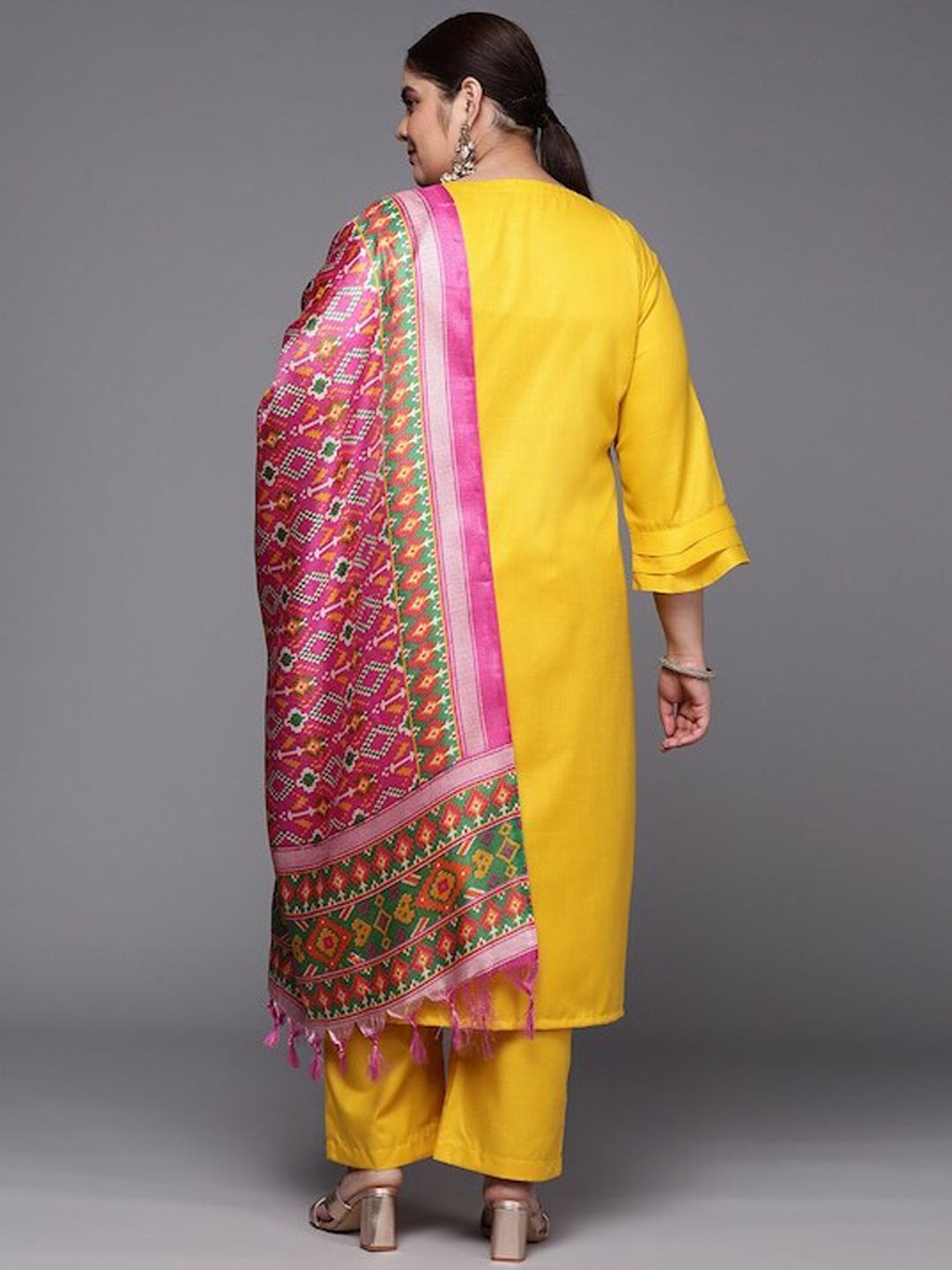 Mustard Xtra Yoke Design Gotta Patti Pure Cotton Kurta With Trousers & Dupatta