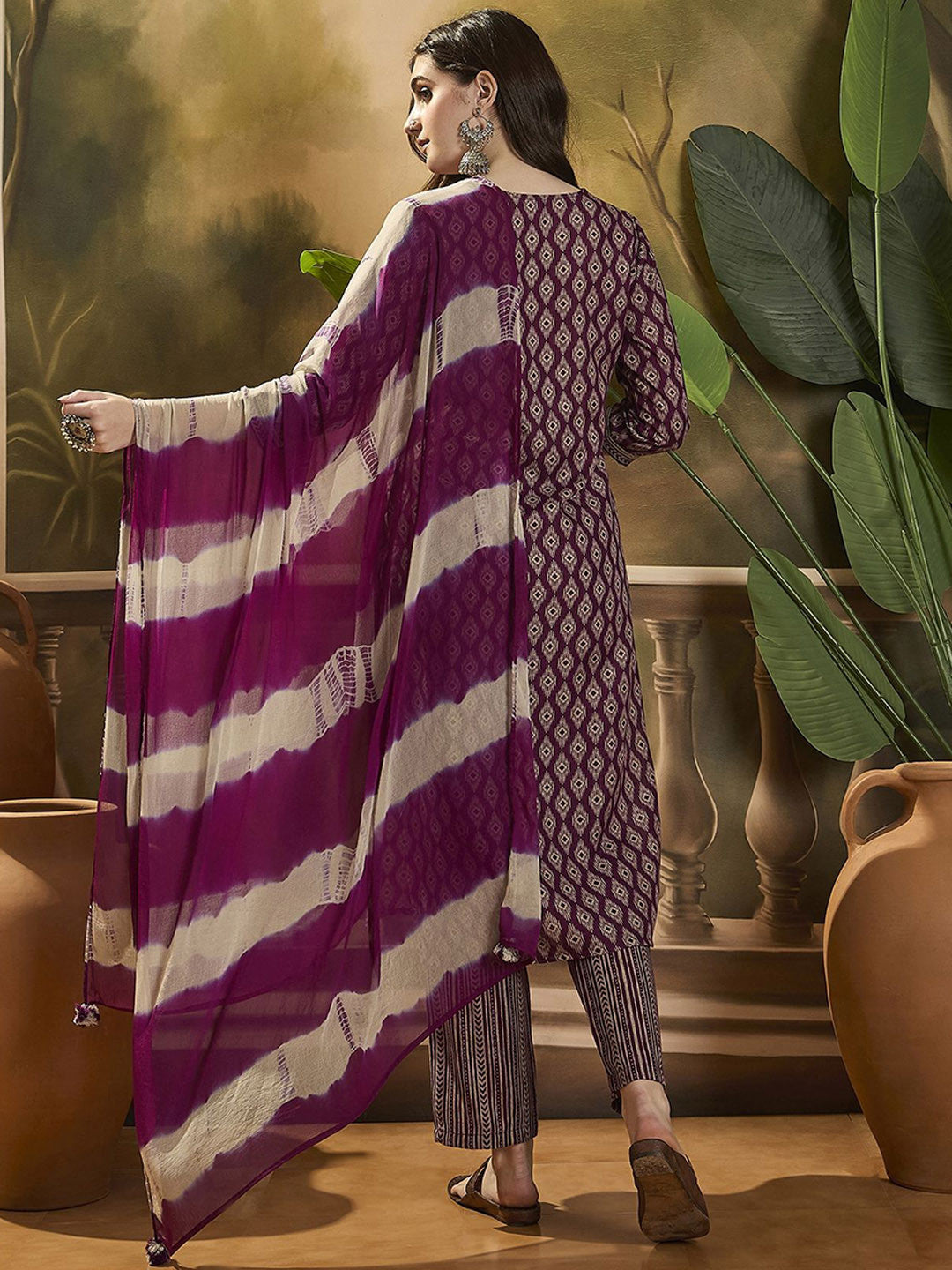 Printed V Neck Straight Kurta Set With Dupatta
