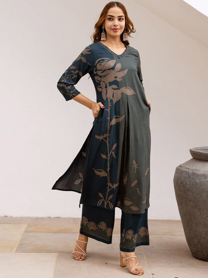 Floral Printed With Embroidered Kurta With Palazzos