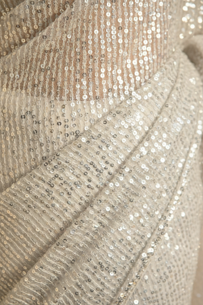 Dhiyona ST White and Silver Knitted Sequin Saree with Blouse Fabric