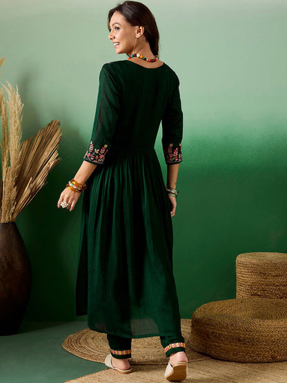 Embroidered A-Line Pleated Kurta With Trouser