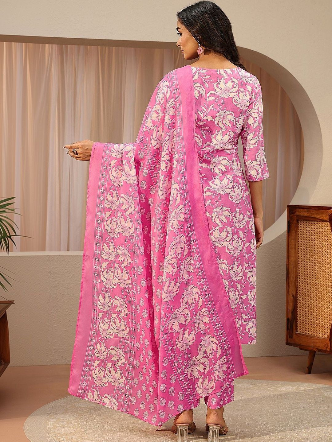 Pink Floral Printed Cotton Straight Suit Set