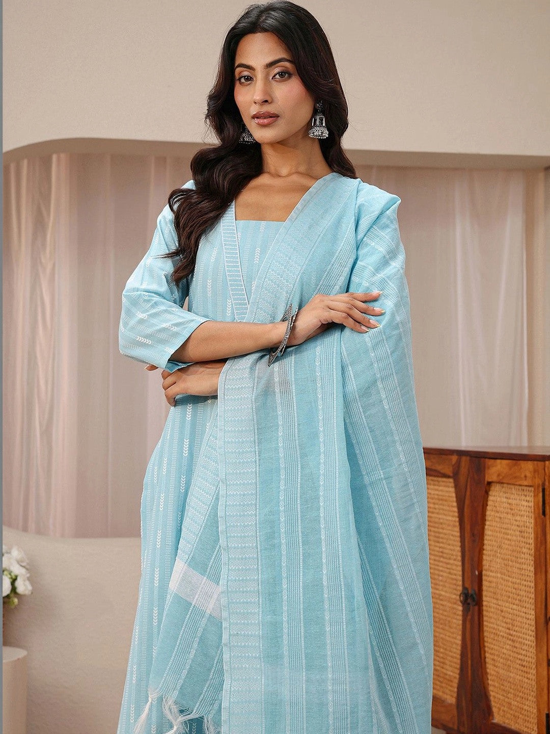 Libas Blue Striped Woven Design Straight Suit Set