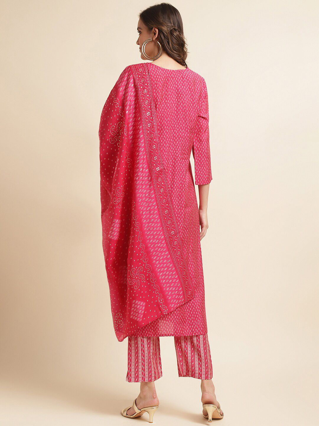 Dhiyona IS Women's Pink Printed Regular Sequinned Kurta with Trousers & Dupatta