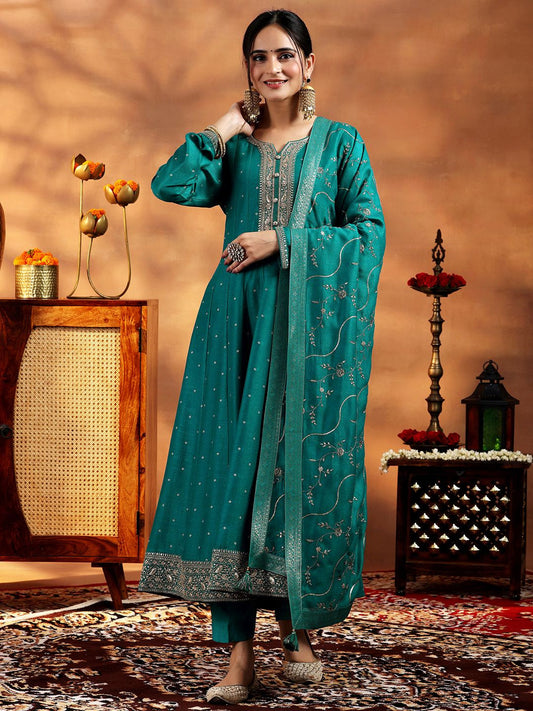 Womens Green Embroidered Anarkali Kurta With Trousers & Dupatta