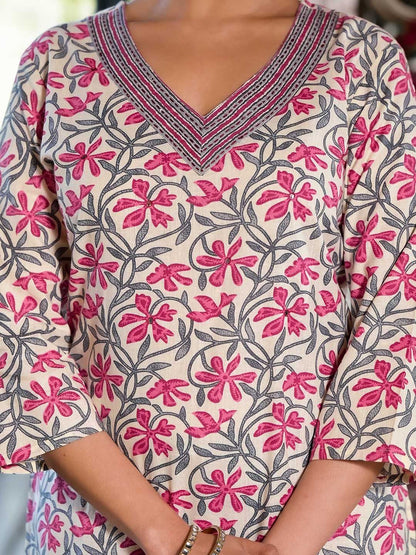 Dhiyona KL Floral Printed Regular Thread Work Pure Cotton Kurta ,Trousers & Dupatta