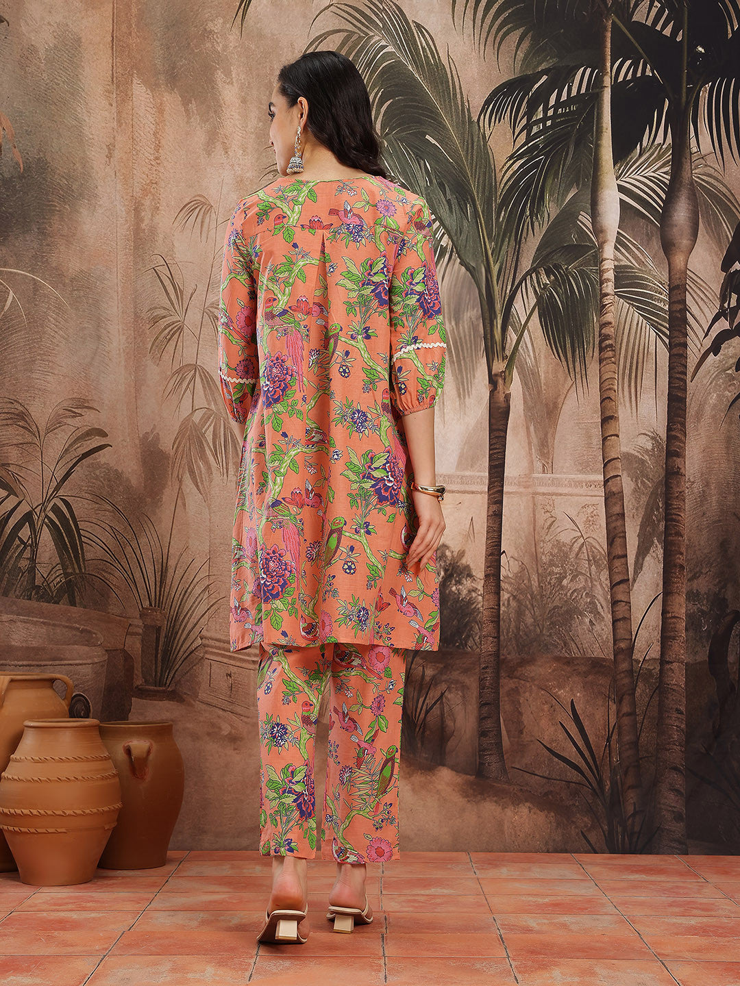 Floral Printed Lace Insert Detail Pure Cotton A-Line Kurta with Trousers