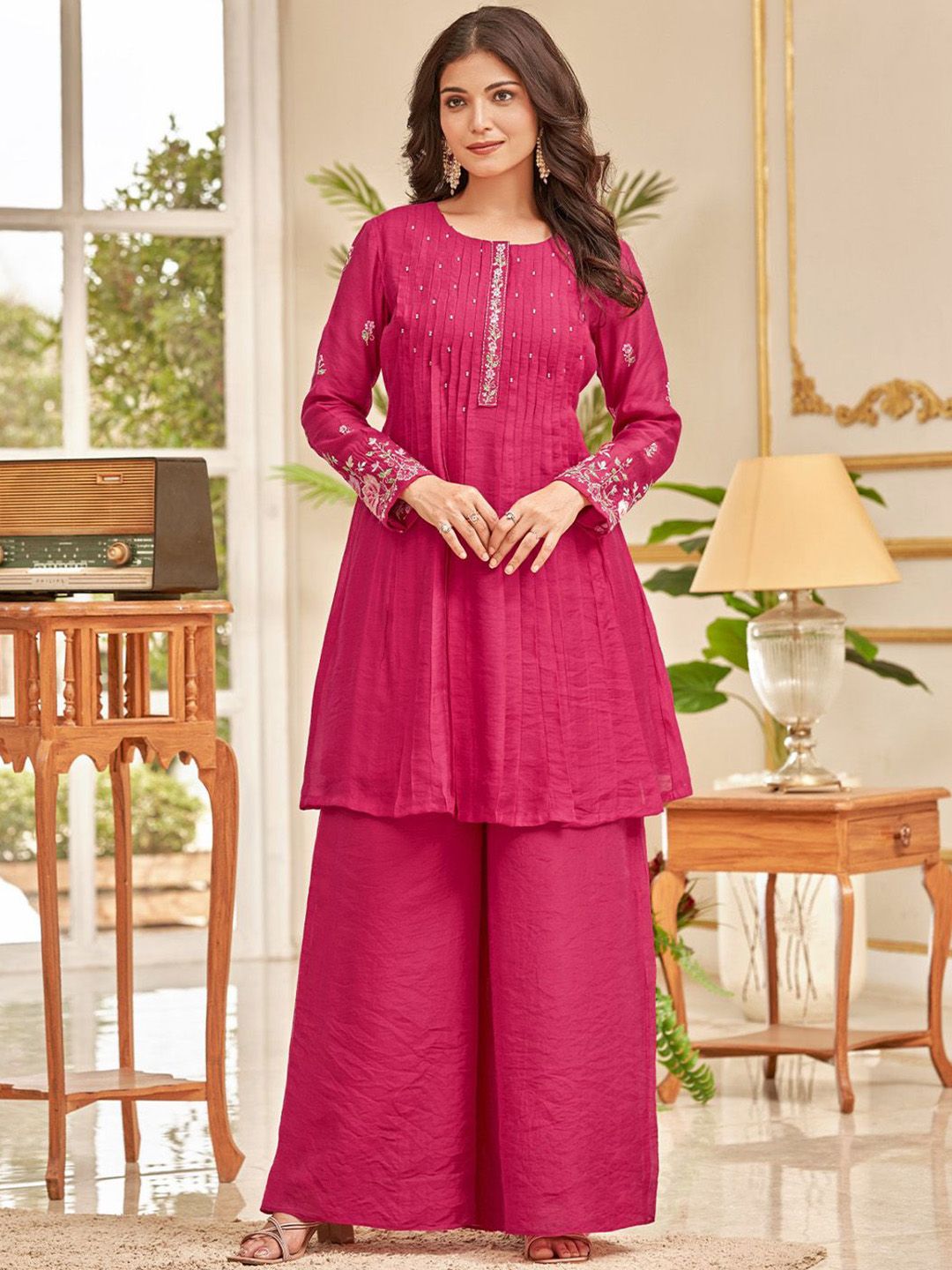 Pink Floral Embroidered Thread Work Chanderi Cotton A-Line Kurta With Palazzos