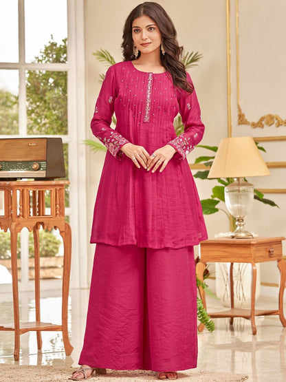 Pink Floral Embroidered Thread Work Chanderi Cotton A-Line Kurta With Palazzos