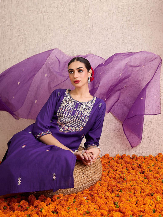 Women Ethnic Motifs Embroidered Regular Sequinned Kurta with Trousers & With Dupatta