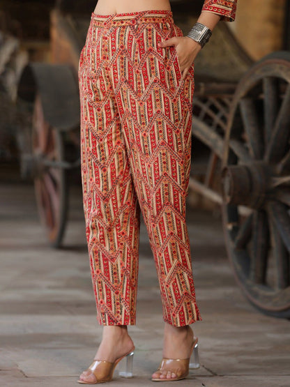 Dhiyona RR Women's Printed Notch Neck Pure Cotton Straight Kurta With Trousers & Dupatta