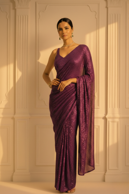 Dhiyona ST Wine Knitted Sequin Saree with Blouse Fabric