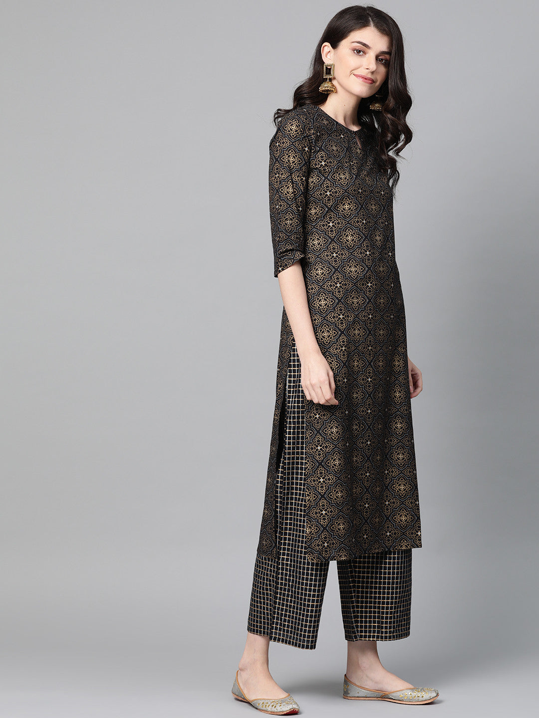 Women Black & Golden Foil Print Kurta with Palazzos & Dupatta