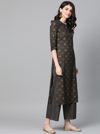 Women Black & Golden Foil Print Kurta with Palazzos & Dupatta