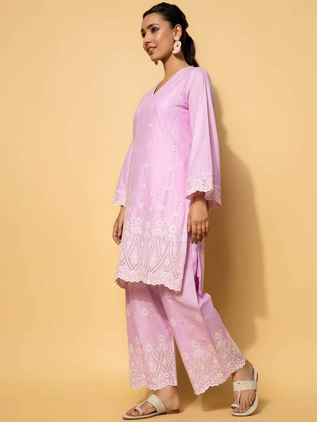 Self-Deisgn V-Neck Flared Sleeves Pure Cotton Kurta Set